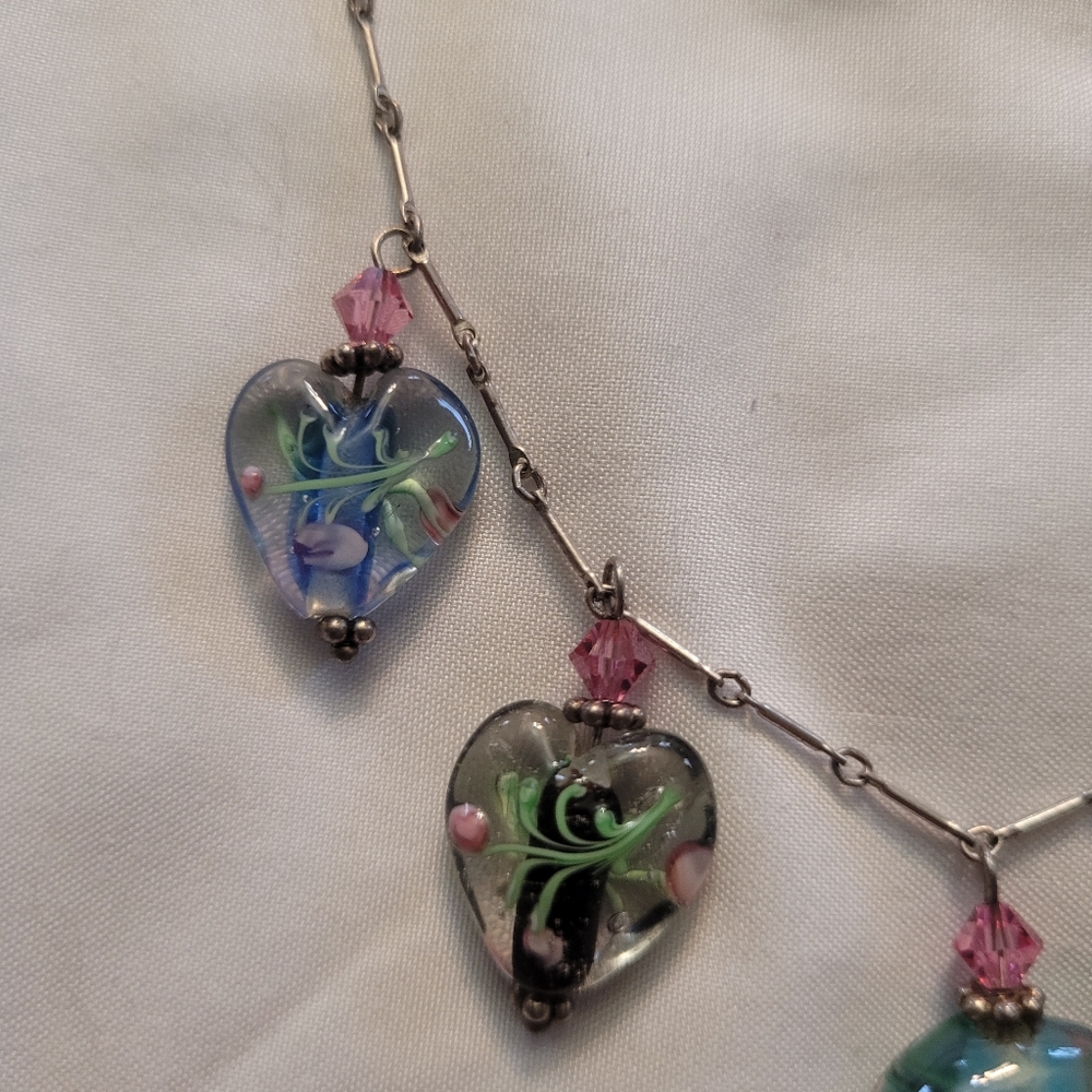 Vintage Sterling Venetian Murano Lampwork Heart Bead 925 Silver Charm Necklace - Picture 7 of 11